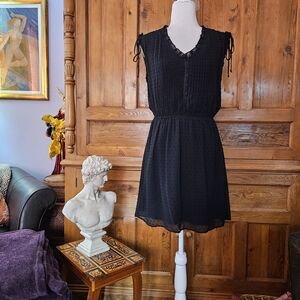 Daniel Rainn Black Swiss Dot Chiffon Mini Dress. Stylish Button Front & Ruffles